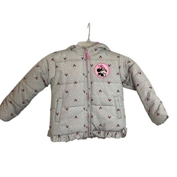 Disney Junior Minnie Mouse Girls Puffer Jacket Toddler 3T Gray Pink Bow & Ears - Picture 2 of 8